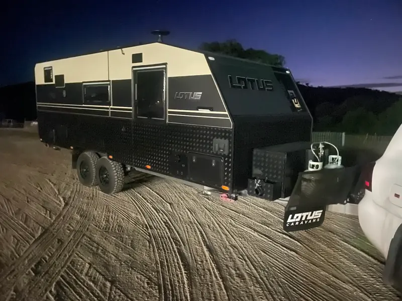 Lotus caravan hitched to Grant's LandCruiser