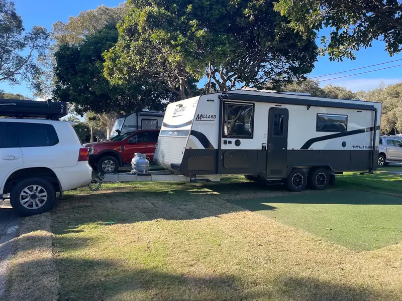 Millard MFlow caravan hitched to Grant's LandCruiser